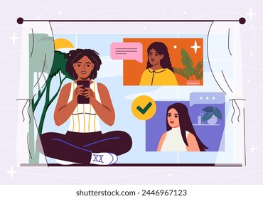 Online communication woman concept. Young girl with smartphone communicate with friends and colleagues. Discussion in social networks. Video conference. Cartoon flat vector illustration