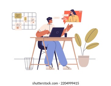 Online Communication At Work. Colleagues At Virtual Business Call. Remote Employee And Office Worker Talking By Virtual Video Meeting At Distance. Flat Vector Illustration Isolated On White Background