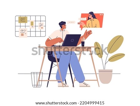Online communication at work. Colleagues at virtual business call. Remote employee and office worker talking by virtual video meeting at distance. Flat vector illustration isolated on white background
