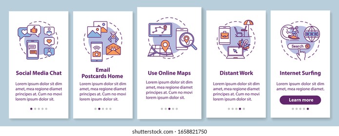 Online communication and work onboarding mobile app page screen with concepts. Internet surfing and maps use walkthrough 5 steps graphic instructions. UI vector template with RGB color illustrations