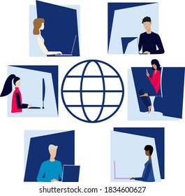 Online-Kommunikation. Arbeiten und Lernen im Innenministerium. Frau und Mann sitzen am Schreibtisch, schauen sich den Bildschirm an und sprechen online. Vektorgrafik.