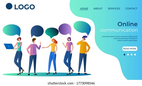 Online communication.Concept of social networks for online negotiations.People communicate with each other using smartphones and laptops.The template of the landing page.Flat vector illustration.