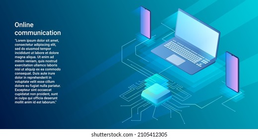 Online communication.Electronic gadgets using communication lines.Modern means of communication. A business-style poster.Flat vector illustration.