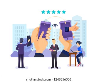 Online communications, social network, blogging, creating and maintaining media content for business development, rating, likes, reviews, feedback, channel for blog, mobile app. Vector illustration.