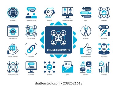 Online Community icon set. Internet, Network, Blogging, Digital Services, Friends, Communication, Social Media, Sharing. Duotone color solid icons