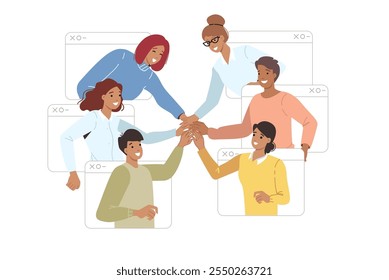 Online community of men and women holding hands, looking out of web windows and joining forces for synergy. Online community of students demonstrating teamwork through internet applications