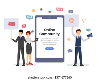 Online community mobile app concept. Social network application users with placards, online communication, digital technology flat illustration. Social media software on smartphone screen mockup