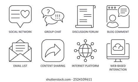 Ícones de vetor da comunidade online. Rede social, fórum de discussão, bate-papo em grupo e comentários em blog. Lista de e-mails, compartilhamento de conteúdo, interação com a Web e plataforma de Internet. Conjunto de linhas finas de traçado editável.