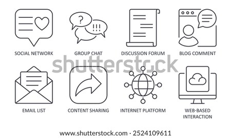 Online community vector icons. Social network, discussion forum, group chat and blog comments. Email list, content sharing, web interaction and internet platform. Editable stroke thin line set.