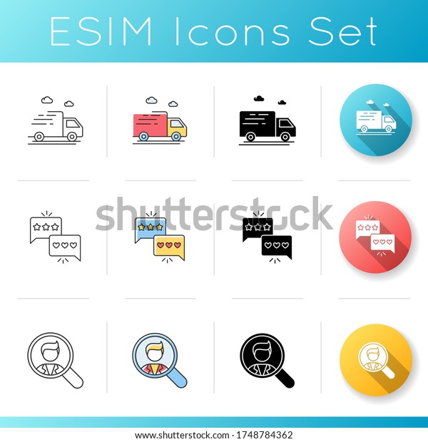 Online company icons set. Express global\
shipping. Courier service. Review and feedback. Search for\
employee. Hire and recruit. Linear, black and RGB color styles.\
Isolated vector\
illustrations