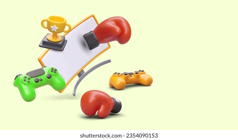 Online competition. Victory in computer game. Duel with gamepads. First place prize. Composition of realistic boxing gloves, monitor, controllers, golden bowl