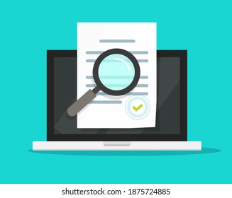 Online compliance document inspection, statement terms audit review on laptop computer vector flat, digital electronic agreement contract analysis,  page verification, evaluation or assessment report