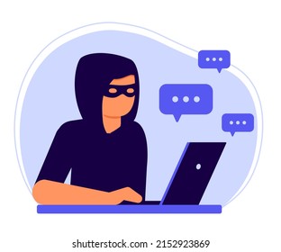 Online Computer Man Hacker, Social Media Fraud, Scam. Cheating On Internet, Covert Crime Swindler. Thief Are Working At Computer With Messages. Danger Of Stealing Money, Personal Information. Vector