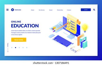 Online computer quiz. Landing page or banner design template. Vector 3d isometric illustration. Internet education, learning and training concept.