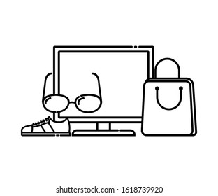 Online computer shopping icon. isolated computer icons eyeglasses and shoes icons