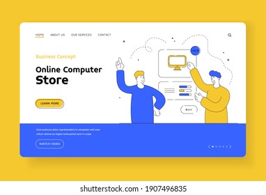 Online Computer Store Banner Template. Cartoon Male Characters Choosing And Buying Brand New Computer While Using Website Of Online Store Together. Flat Style Illustration, Thin Line Art Design