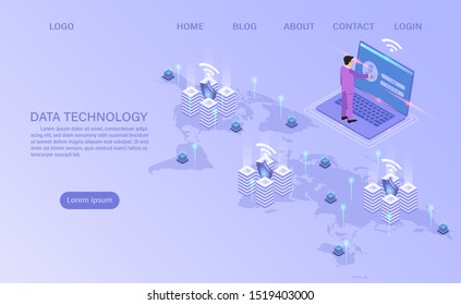 Online computing technology. Big data flow processing concept, 3d servers and datacenter. isometric flat design. Vector illustration.