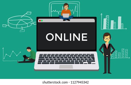 Online concept business man work flat design.