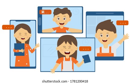 online concept ,Children using tablet and mobile phone for video call with friend talking about studying. Children happy smile using internet technology. Stay at home. Vector cartoon kid illustration 