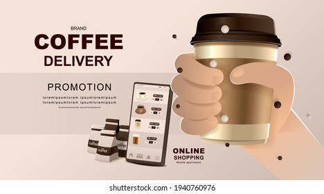 Online concept. Coffee shop delivery on mobile. Food and drink order application. Vector illustration.