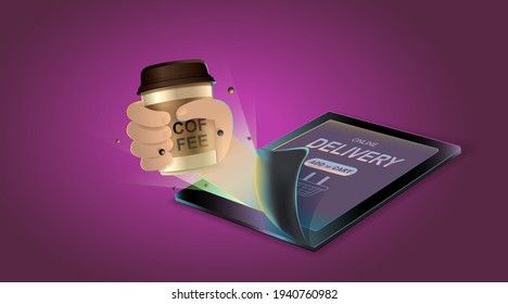 Online concept. Coffee shop delivery on mobile. Food and drink order application. Vector illustration.