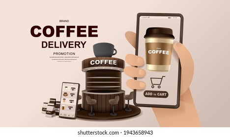 Online concept. Coffee shop delivery on mobile. Food and drink order application. Vector illustration.