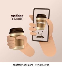 Online concept. Coffee shop delivery on mobile. Food and drink order application. Vector illustration.