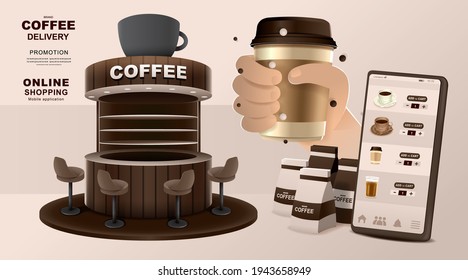 Online concept. Coffee shop delivery on mobile. Food and drink order application. Vector illustration.