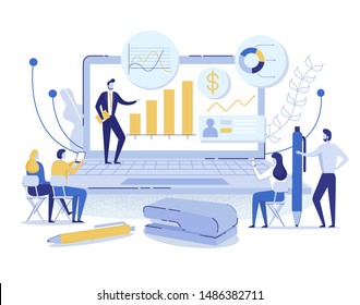 Online Concept Flat Cartoon Vector Illustration. Man Leading Presentation on Laptop Screen Showing Charts and Graphs. People Looking at Information with Different Gadgets such as Phone, Tablet.