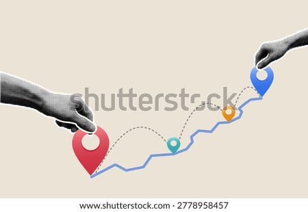 Online concept goods tracking and delivery service, urban logistics. Hand holding pin on route map, GPS navigation, delivery route. Delivery concepts. Vector illustration