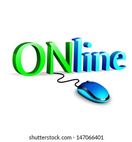 Online concept, illustration of computer mouse and text 'online'