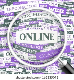 ONLINE. Concept illustration. Graphic tag collection. Word cloud collage. Vector illustration.