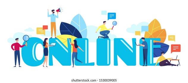 Online concept illustration. Idea of social media, network and web, online support, help, message. Flat vector illustration in cartoon style, isolated on white background