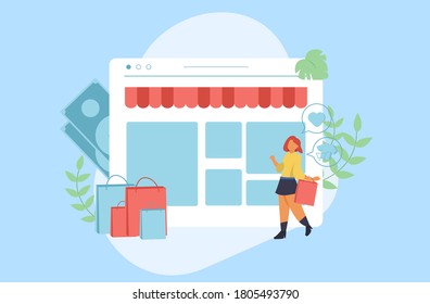 Mensaje de concepto en línea con carácter. productos pedidos, en línea. El paquete de ilustraciones planas vende, paga por compras de pantalla ahora. Ilustración de carácter de ilustración plana. Página de producto del sitio web.