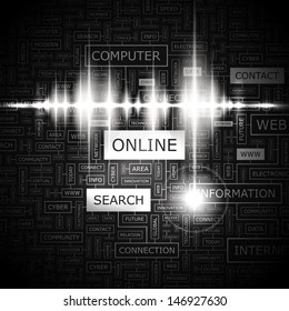 ONLINE. Concept vector illustration. Word cloud with related tags and terms. Graphic tag collection. Wordcloud collage. 