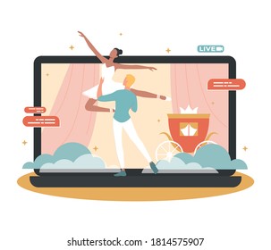 Online concert. Ballet artist making online show. Artist on device monitor screen. Online livestream performance, internet broadcasting. Isolated flat vector illustration