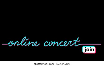 Online concert black web banner, background with pink and blue colors. Lettering Online concert and join button. Minimalist black background