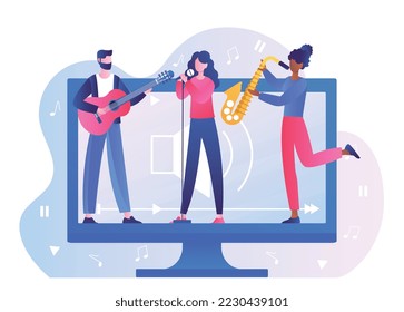 Online concert concept. Man with guitar, woman with saxophone and young girl with microphone on computer screen. Creativity and art, musical band and performance. Cartoon flat vector illustration