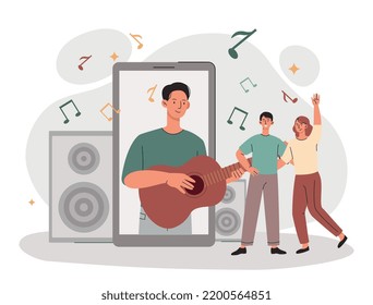 Online concert concept. Man and woman dance to music of guitarist from smartphone screen. Modern technologies and digital world. Musician performs on Internet. Cartoon flat vector illustration