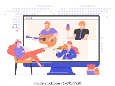 Online concert of famous musicians and singers. Girl in headphones listens to music at home, sitting in a chair. Artists on a monitor screen: guitarist, violinist, singer. Internet broadcast. Vector. 