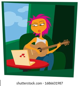 Online concert. life in quarantine. A young girl on self-quarantine. Covid-19. New reality. Normal life in isolation. Vector flat style illustration.