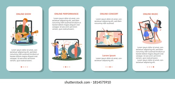 Online Concert Mobile Application Banner Set. Musician Or Artist Making Online Show. Artist On Device Monitor Screen. Online Livestream Performance, Internet Broadcasting. Flat Vector Illustration