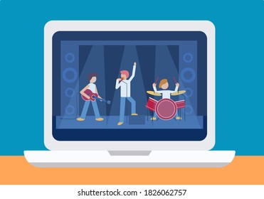 Online concert music festival on laptop screen. Male rock band playing drums, electric guitar. Famous singer sings into microphone. Remote party. Teleconference. Quarantine. Vector flat illustration