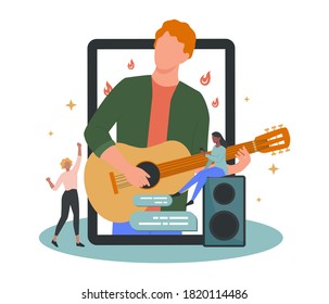 Online concert. Musician or artist making online show. Artist on device monitor screen. Online livestream performance, internet broadcasting. Isolated flat vector illustration