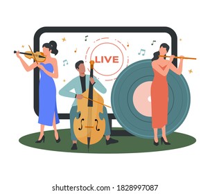 Online Concert. Musician Or Artist Making Online Show. Artist On Device Monitor Screen. Online Livestream Performance, Internet Broadcasting. Isolated Flat Vector Illustration