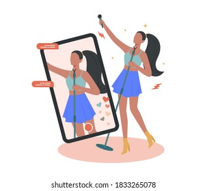 Online Concert. Musician Or Artist Making Online Show. Artist On Device Monitor Screen. Online Livestream Performance, Internet Broadcasting. Isolated Flat Vector Illustration