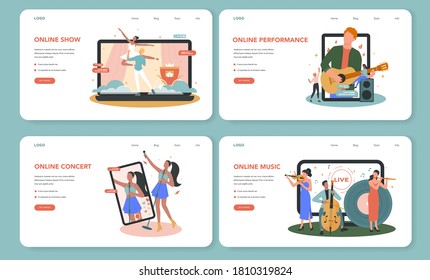 Online Concert Web Banner Or Landing Page Set. Musician Or Artist Making Online Show. Artist On Device Monitor Screen. Online Livestream Performance, Internet Broadcasting. Flat Vector Illustration