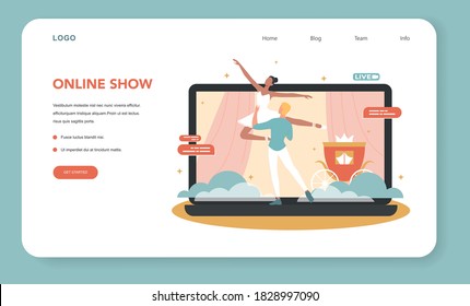 Online Concert Web Banner Or Landing Page. Ballet Artist Making Online Show. Artist On Device Monitor Screen. Online Livestream Performance, Internet Broadcasting. Isolated Flat Vector Illustration