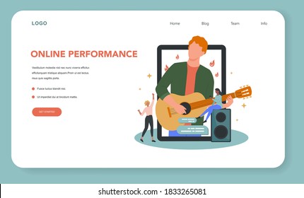 Online Concert Web Banner Or Landing Page. Musician Or Artist Making Online Show. Artist On Device Monitor Screen. Online Livestream Performance, Internet Broadcasting. Flat Vector Illustration