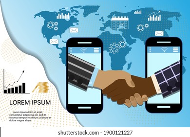 Online conclusion of deals, opening of a new startup. Vector illustration of an online business handshake. People make contracts amid growing financial schedules. Place for text.